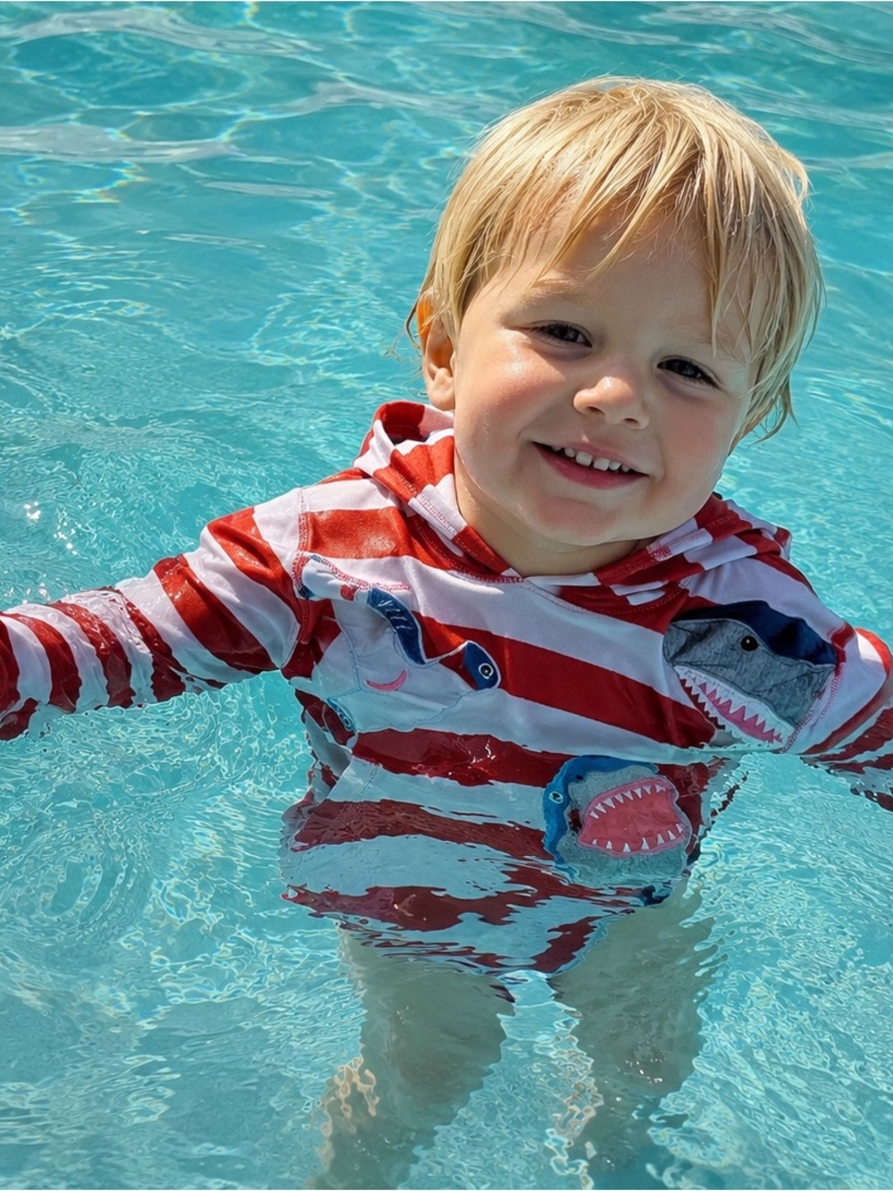Mini Boden Red & White Striped Shark Swim Hoodie
